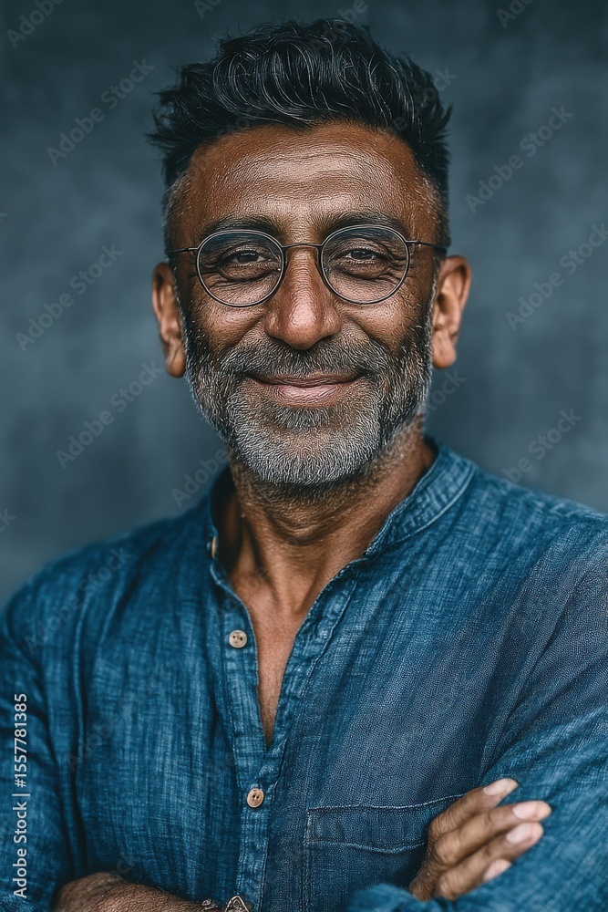 Obraz premium Smiling middle-aged man in blue shirt with grey background and glasses