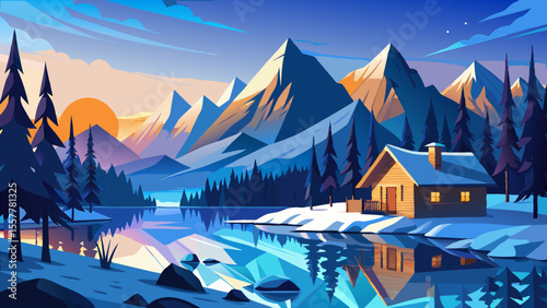 Snow-tipped mountains cradle deep blue fjords, mirrored water untouched. Small cabin rests on rocky shore, warm light through window, pine trees stretch toward distant glowing horizon.

