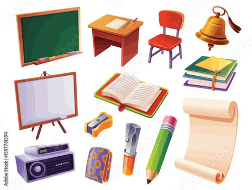 Colorful Collection of Classroom Supplies and Educational Tools Including Blackboard, Desk, Books, Bell, Stationery and Learning Items