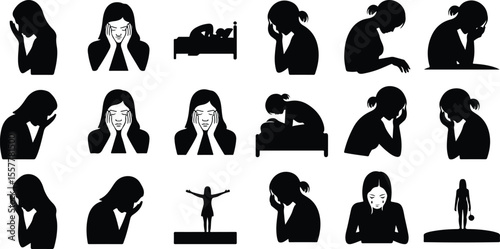 Woman Crying Alone Silhouette Icon Set – Emotional Posture Vector Collection