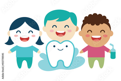 Happy cartoon family of four, including a boy and girl, smiling together