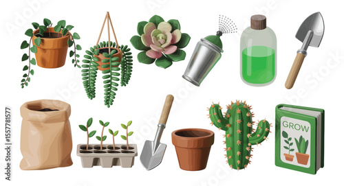 Essential home gardening tools and succulent plants collection including shovel, watering can, seedling tray, grow book, and cactus