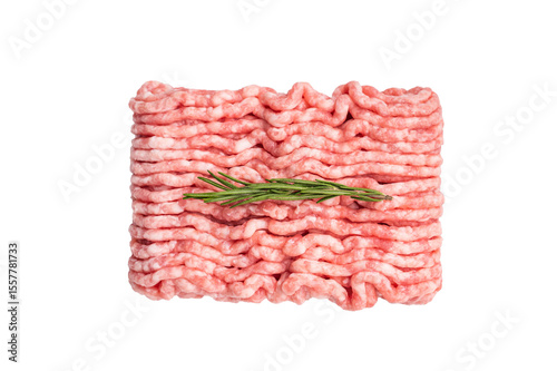 Raw ground beef and pork meat, forcemeat isolated on white background. top view