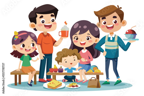 Happy cartoon family with smiling children playing on the beach, vector illustration