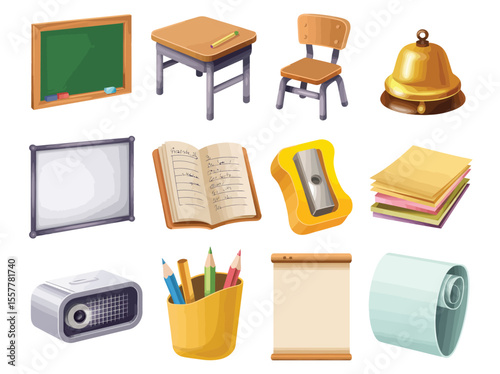 Collection of classroom objects including chalkboard, desk, projector, bell, books, pencils, and other school supplies illustration