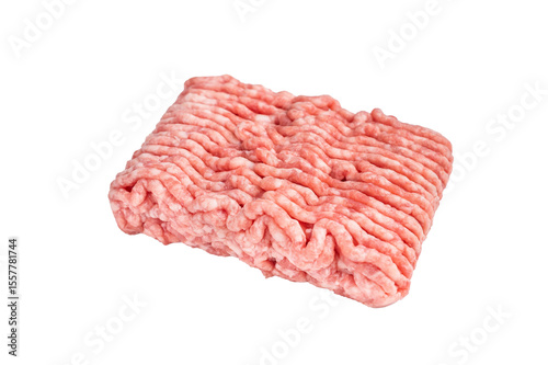 Raw ground pork meat, mincemeat isolated on white background. top view