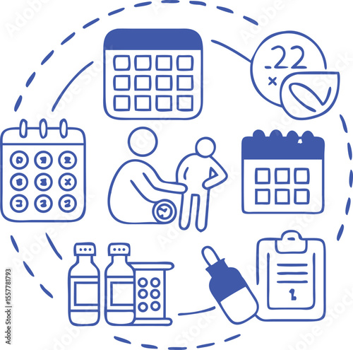 Blue Silhouette Icons Pregnancy Reproduction Healthcare Calendar Pills Medicine vector