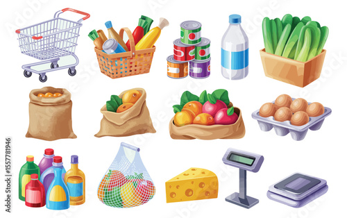 Detailed illustration of assorted grocery items including fresh produce, packaged food, and shopping essentials in vibrant style