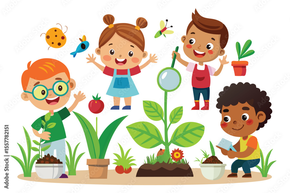 Cartoon illustration of a boy and girl watering flowers, a fun childhood activity for kids Cartoon illustration of a boy and girl watering flowers, a fun childhood activity for kids