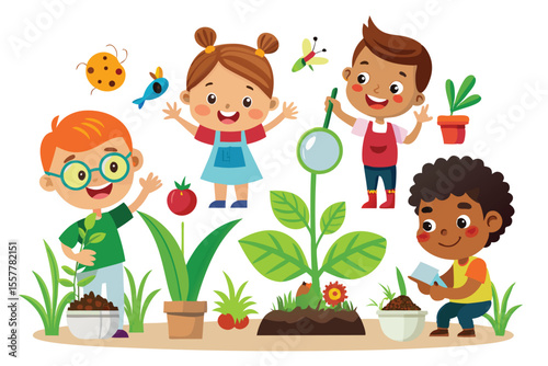 Cartoon illustration of a boy and girl watering flowers, a fun childhood activity for kids