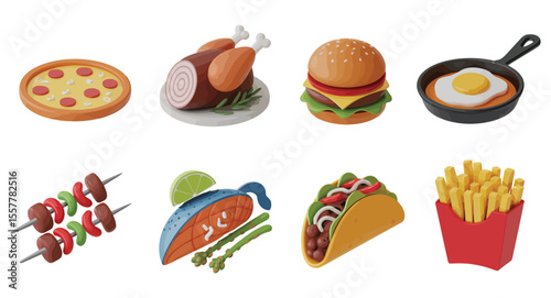 Variety of delicious food items including pizza, burger, taco, roast chicken, salmon, kebabs, fried egg, fries served on clean white background