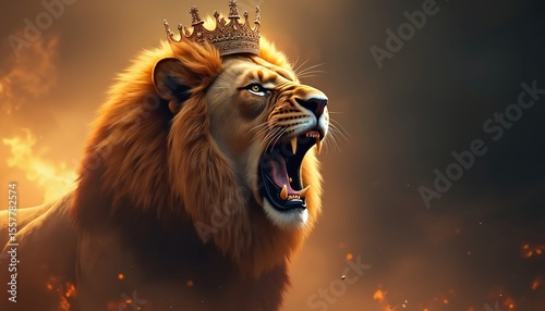 Majestic Lion of Judah illustration. Roaring lion with golden crown, powerful image for Christian concept. Represents strength, royalty. Gold crown Jesus Christ. Religious symbol for faith, power,
