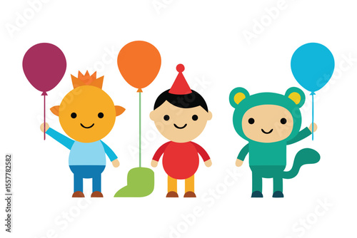 Happy birthday children with colorful balloons and their loving family create a fun illustration