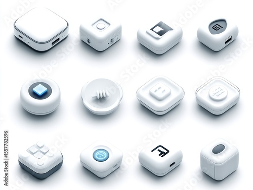 Collection of various white, square, and round digital interface components