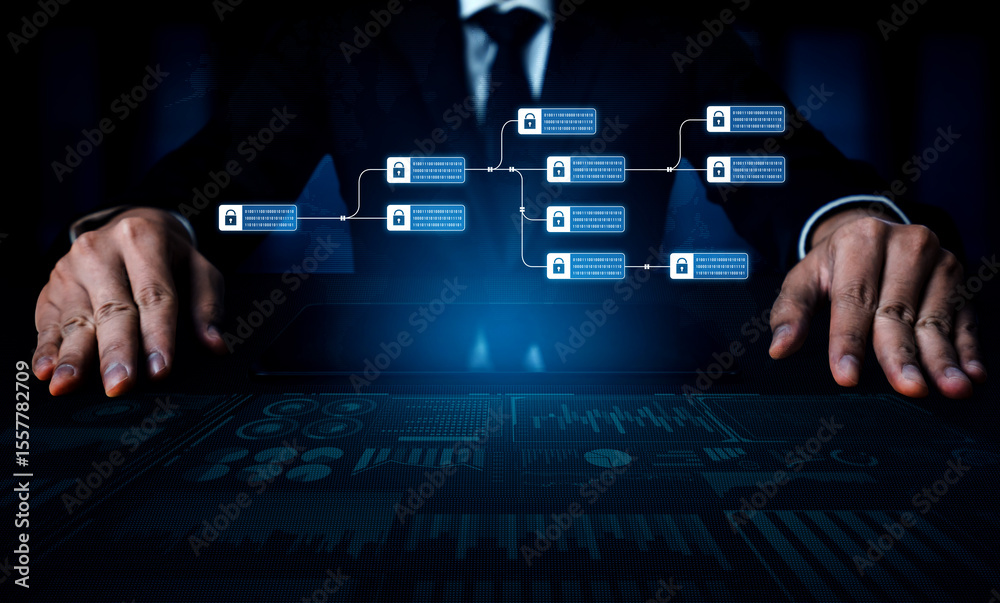 Naklejka premium Blockchain structure showing distributed data blocks linked with encryption, representing secure transaction verification, decentralized control, and immutable record system Vouch