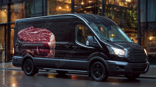 Fototapeta Naklejka Na Ścianę i Meble -  A sleek small black delivery van stands parked on a rainy urban street, its eye-catching meat advertisement attracting curious glances from passersby as evening lights glow in the background.