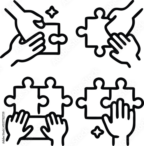 Eight Simple Black Line Art Puzzle Piece Icons Hands Connecting pieces
