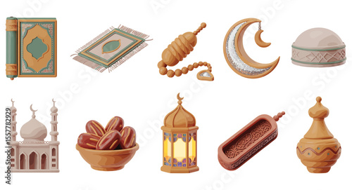 Collection of Islamic religious items including Quran, tasbih, prayer rug, crescent moon, miswak, dates, attar bottle, lantern, and mosque