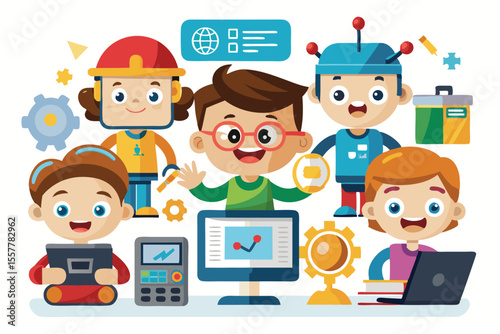 Business social network concept: cartoon children with laptops illustrate web communication technology