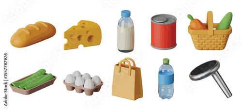 Grocery items collection including bread, milk, cheese, eggs, canned food, vegetables, shopping bag, basket, and barcode scanner