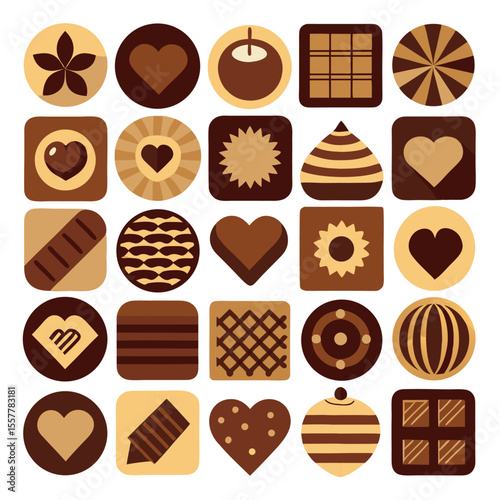 Grid of 20 Chocolate-Themed Icons – Vector Set Featuring Assorted Chocolate Designs Including Bars, Truffles, Cocoa, and Swirls – Minimalist Sweet Treat Illustrations on White

