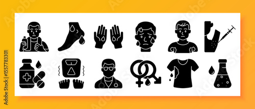 Water balance and dehydration set icon. Shows sun, drinking, warning drop, citrus, yoga, dry lips, pain face, wilting plant, dry ground, stomach fluid, head discomfort