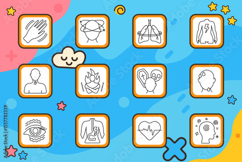 Health symptom set icon. Trembling hand, dizziness, lung spasm, body pain, throat irritation, chills, death anxiety, sweating face, eye twitch, stomach ache, heart rate, mental fog