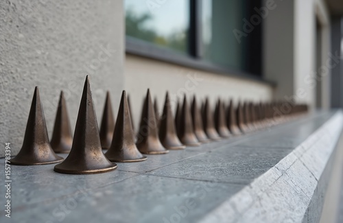 Close-up shot hostile architecture, sharp metal spikes. Urban design to deter homeless people from sleeping on benches, public spaces. Anti-homelessness measures, reflecting issues of social
