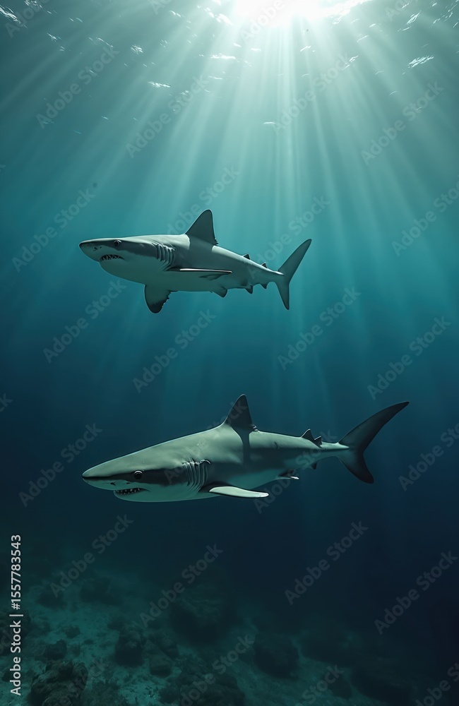 Obraz premium Two sharks swim ocean water. Sunlight rays penetrate deep blue sea, creating underwater landscape. Marine animals glide, creating dynamic nature scene. Wildlife, marine life in open water, deep