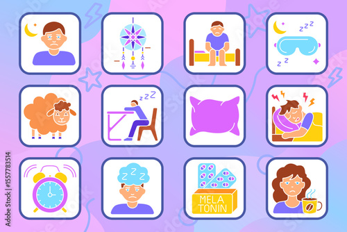 Sleep issues set icon. Tired face, dreamcatcher, sitting in bed, sleeping mask, sheep, sleep at desk, pillow, headache in bed, alarm clock, sleepy mind, melatonin, morning fatigue.
