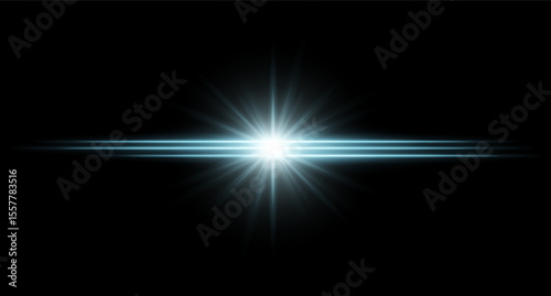 Blue flare. Bright horizontal glow with radial light beams, high contrast center burst on dark background, clean illumination with sharp edges and soft halo.