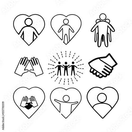 Nine Black Line Art Friendship Teamwork Icons Hearts Hands People vector