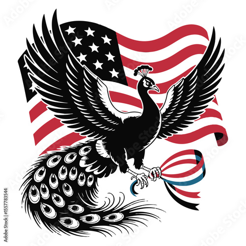 Elegant Peacock Soaring with American Flag – Vintage Style Patriotic Vector Art