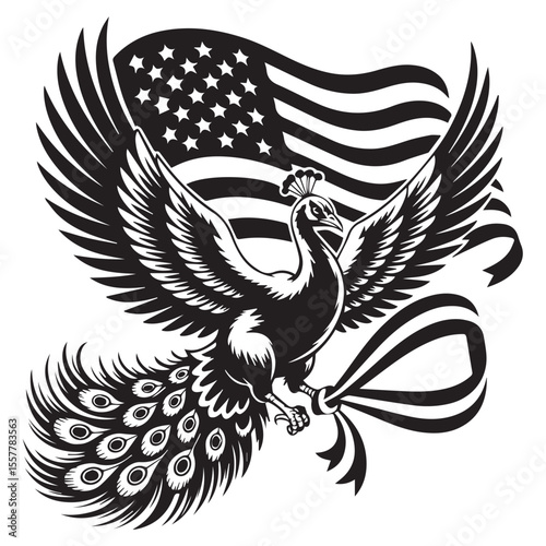 Patriotic Peacock Flying with American Flag – Black and White Vector Art of Freedom and Pride
