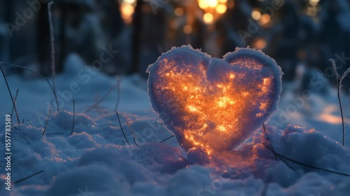 Glowing heart shaped snow sculpture in a winter landscape with warm bokeh lights. Love and romance concept footage.