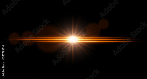 Bright light horizontal light flare with central glow and radiant starburst. Sci-fi visual effect on dark background.