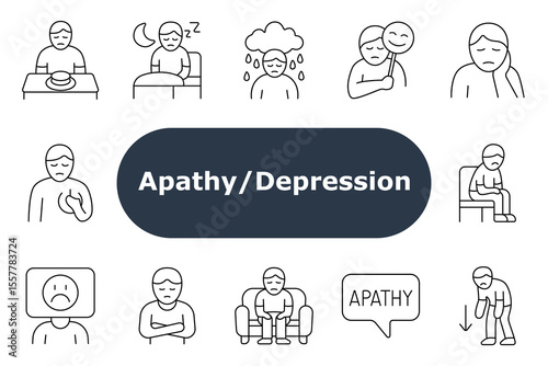 Depression set icon Outlined icons of low mood, insomnia, hidden emotion, heart pain, silence, sadness, sitting still, tears, empty facial expression, posture issues, mental struggle.