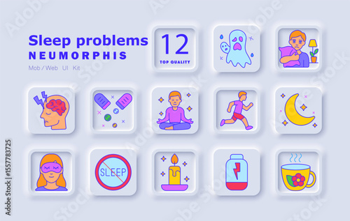 Sleep problems set icon. Insomnia, nightmares, anxiety, brain tension, relaxation therapy, supplements, exercise, meditation, moon, candle, tea, pillow, lack of rest, tired brain.