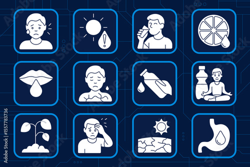 Dehydration set icon. Sweating face, sun warning, man drinking, citrus hydration, dry lips, chest tightness, pouring drink, water bottle, meditation, wilted plant, fever, dry skin, gastric dryness