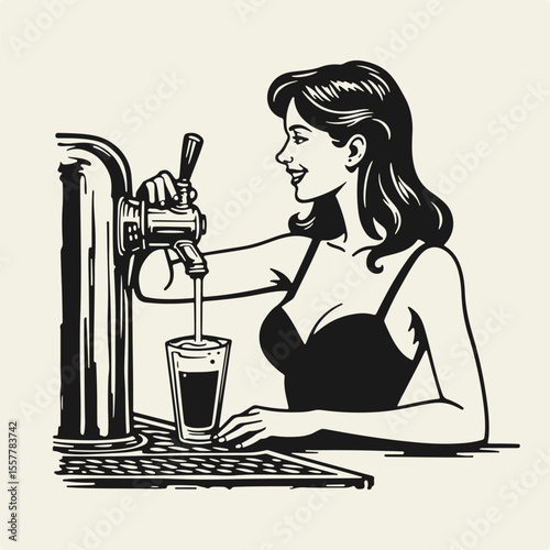 Black and white flat vector illustration of a female bartender serving beer at the counter. Perfect for bar, Oktoberfest, International Beer Day, and pub-themed designs.