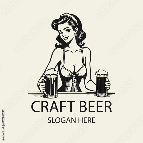 Black and white flat vector illustration of a female bartender serving beer at the counter. Perfect for bar, Oktoberfest, International Beer Day, and pub-themed designs.