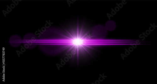 Bright light horizontal light flare with central glow and radiant starburst. Sci-fi visual effect on dark background.