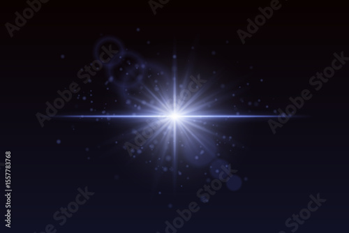 Radiating blue burst with glowing particles and lens reflections. Soft sparkle light for cinematic magic or special effects.