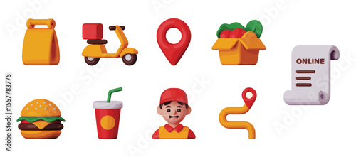 Minimalist food delivery icon set featuring bag, scooter, map pin, meal, courier, route tracker, and digital order receipt symbol