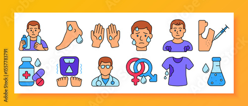 Hyperhidrosis set icon. Displays drinking, foot sweat, palms, wet shirt, armpit injection, pills, medicine, doctor, gender, moisture patch, wet clothes, medical tools