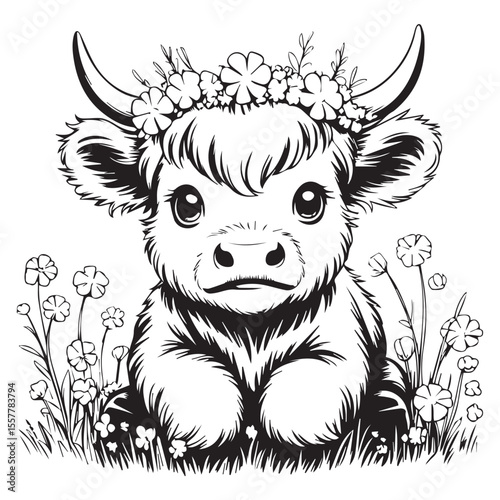 Cute Highland Cow Calf with Flower Crown Sitting in Meadow – Black and White Line Art