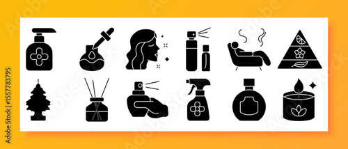 Fragrance set icon. Includes scent pyramid, atomizers, tree scent, diffuser, nose with sprayer, cleaner bottle, hand soap, candle, flask, aroma lines, face profile, essential oil dropper