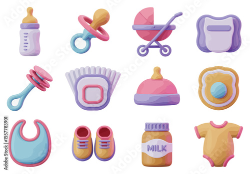 Colorful baby essentials icon set including bottle, pacifier, stroller, diaper, bib, onesie, rattle, shoes, and milk jar on white background