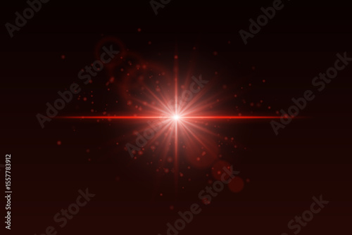 Radiating red burst with glowing particles and lens reflections. Soft sparkle light for cinematic magic or special effects.