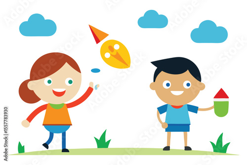 Cartoon vector illustration of boy and girl children playing with toys, having fun in the summer sky